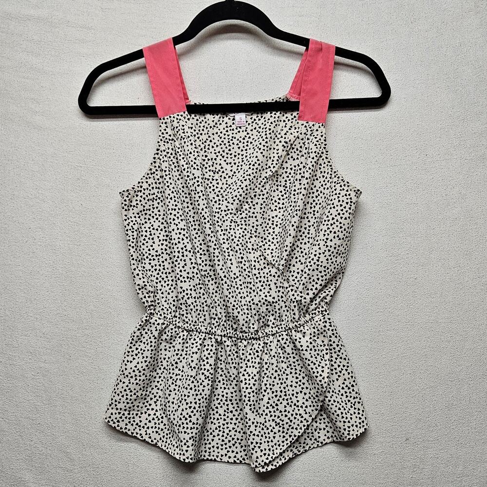 Candie’s Peplum Tank Top Womens Small White Black Heart Print Pink Straps Blouse